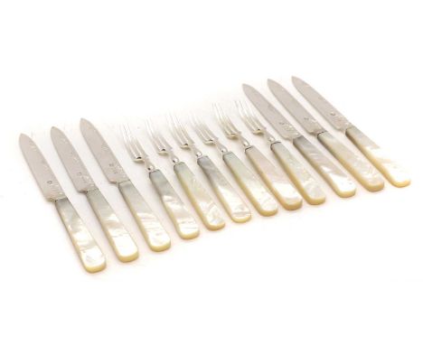 A cased set of silver and mother of pearl fruit knives and forks, by Alexander Clark &amp; Co Ltd, Sheffield 1924, set within