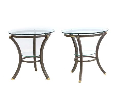 A pair of Pierre Vandel lamp tables late 20th centurythe circular glass tops on swept gilt metal bases with glass undertier60