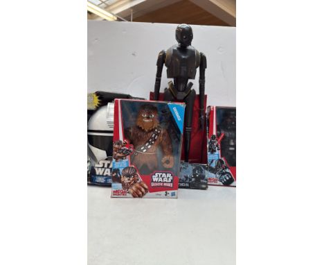 Star Wars collectible toy lot, featuring boxed Galactic Heroes Chewbacca, large K-2SO figure, and other Star Wars memorabilia