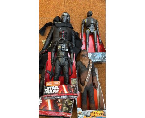 Lot of four Jakks Pacific "Star Wars" Big Figs action figures, including Kylo Ren, K-2SO, Chewbacca, and TIE Fighter Pilot. S