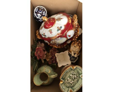 Mixed lot featuring a hand-painted porcelain tureen with gilt accents, decorative floral arrangements, a green and gold pitch