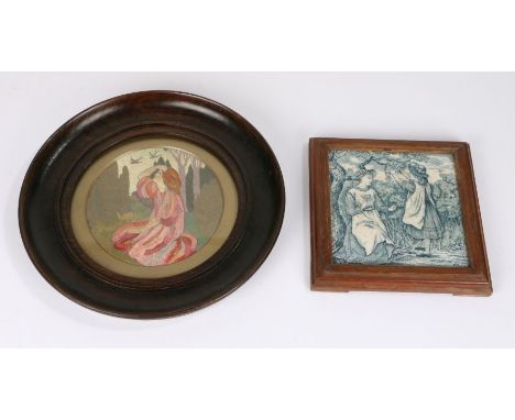 Aesthetic Movement&nbsp;Pre-Raphaelite style silk work picture, housed in a glazed oak frame, 27.5cm diameter, together with 