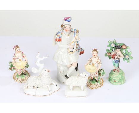 19th Century Staffordshire porcelain figures, to include depiction of a Scotsman playing a lute, figure titled "Gardeners", p