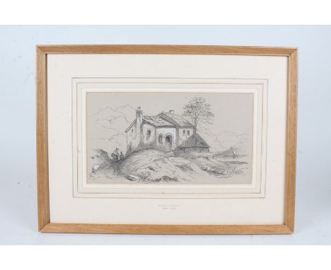 Attributed to Peter de Wint (1784-1849), mountainous landscape with figures and a house, charcoal sketch, housed in a wooden 