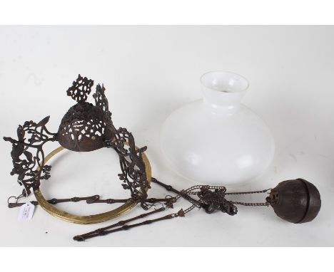 19th Century brass and wrought iron hanging oil lamp, with acanthus decorations, with glass shade&nbsp;