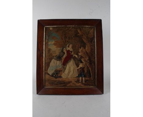 19th Century wool tapestry of three ladies, a child and a dog besides a large tree, housed in a glazed oak frame, the tapestr