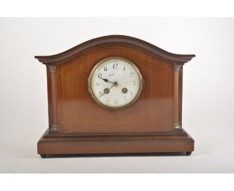 Edwardian inlaid mahogany mantel clock, white enamel dial signed Walker & Hall Limited, French cylinder movement striking on 