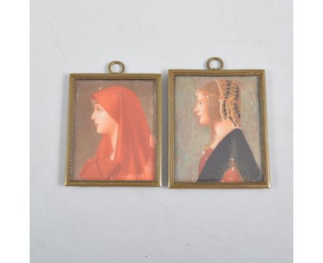 Two portrait miniatures, lady in a red cloak 6.5cm x 5cm, the other thought to be mistress to Leonardo De Vinci 6.7cm x 5.4cm