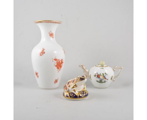 Herend teapot, painted with birds and insects, vase, dishes, and another Herend Vase and a Crown Derby frog paperweight.