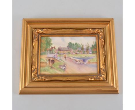 Worcester plaque, Village scene, signed E R Booth, 10 x 14cm framed.