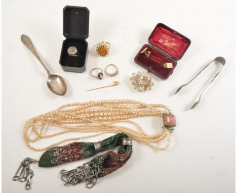 Pair of cufflinks; stick pin; 9ct dress ring; cameo ring and pin; Miser's purse; Persian teaspoon; costume jewellery.