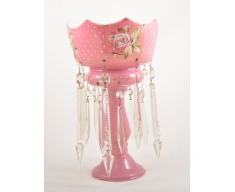 Victorian opaque pink glass lustre, painted with enamel floral panels, gilt detailing, 33cm.
