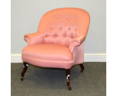 Small Edwardian hoop-back armchair, button silk upholstery, stained legs, width 69cm.