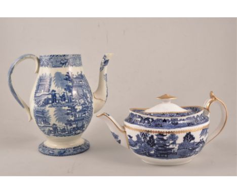 Small Spode transfer ware teapot, matched lid, 8cm, a transfer ware silver shape teapot and three coffee pots, lacking origin