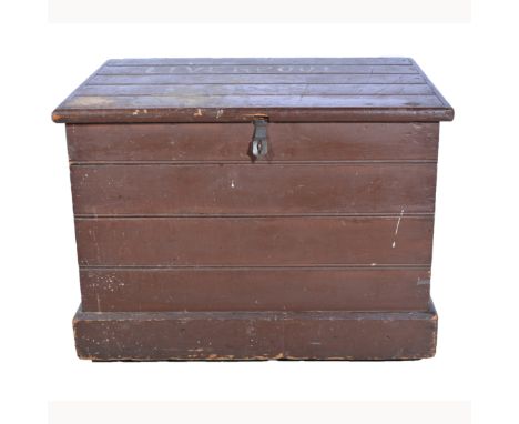 Large stained pine cabin trunk, top painted Liverpool, W96cm x D71cm x H71cm.