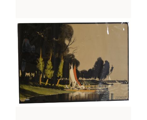 A railway poster by Anthony  R Barker "Teddington 1914" printed by Johnson Riddle for the London Electric Railway, 76cm x 51c