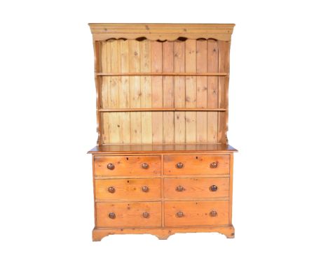 Victorian pine dresser, two shelf back, six drawers, bracket feet, 142cm, 53cm, 210cm.