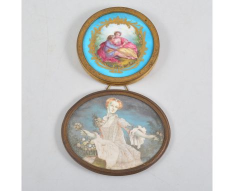 Sevres style porcelain roundel, in gilt casing and oval miniature, portrait. (2)