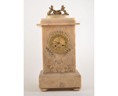 French Empire alabaster and gilt metal mantel clock, cherub surmount, movement striking on a bell, 46cm, (a.f).
