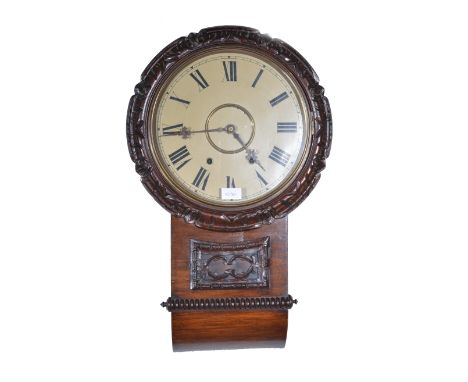 Victorian mahogany drop pendulum wall clock, white enamel dial, spring driven movement, 65cm.