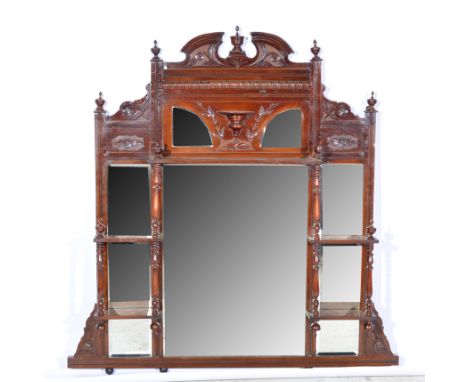 Victorian walnut overmantel, turned supports, shelves and mirror, 112 x 112cm.