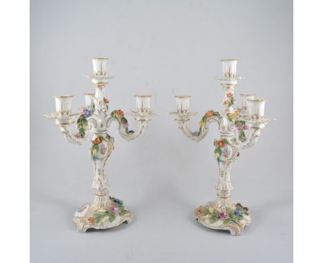 Pair of Dresden four light candelabra, with floral decoration.