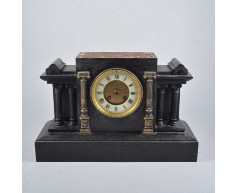 Victorian presentation black slate mantel clock, lacking pediment piece, ivorine chapter ring, French cylinder movement strik