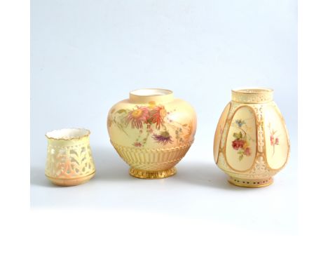 Two pieces of Royal Worcester blush ivory a bulbous pot pourri vase (missing cover) with floral decoration, 12cm high, number