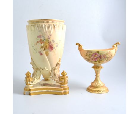 A Royal Worcester blush ivory vase wrythen fluted conical form, decorated with flowers raised upon three leaf supports with g