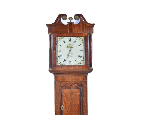 Oak and mahogany longcase clock, swan-neck pediment, square painted dial, floral spandrels, signed D. Shaw, Leicester, hood w