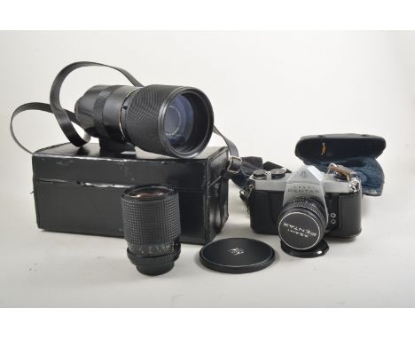 Assorted camera equipment and accessories including, Pentax SP1000 with Takumar 55mm lens, Sigma XQ 500mm mirror ultra-teleph