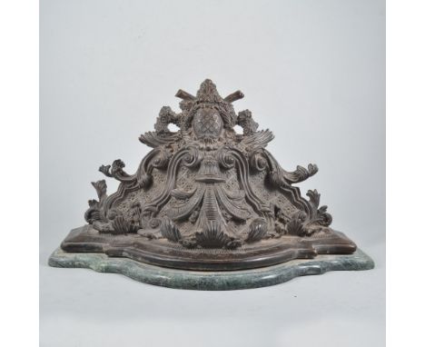 Cast and patinated metal shelf with marble top.