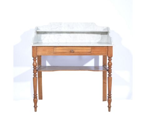 Victorian stained wood washstand, marble top with a three-quarter gallery, frieze drawer, turned and ringed legs joined by a 