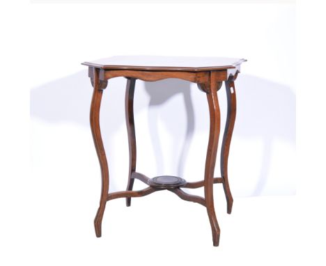 Edwardian walnut window table, cabriole legs, joined by a shelf, 60cm square, height 68cm.