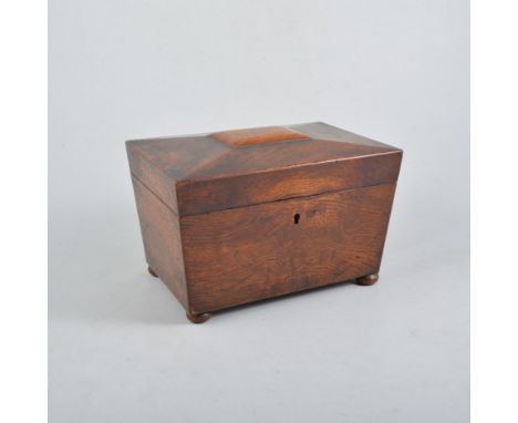 Victorian oak tea caddy, sacophagus shape, fitted interior, bun feet, 22cm.