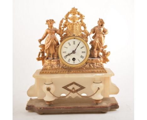 French gilt painted spelter and alabaster mantel clock, drum flanked by figures, white enamel dial, cylinder movement set on 