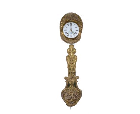 Dutch style embossed brass wall clock, white enamel dial, signed Mesaize Cagnes, metal cased movement, weight driven, 153cm o