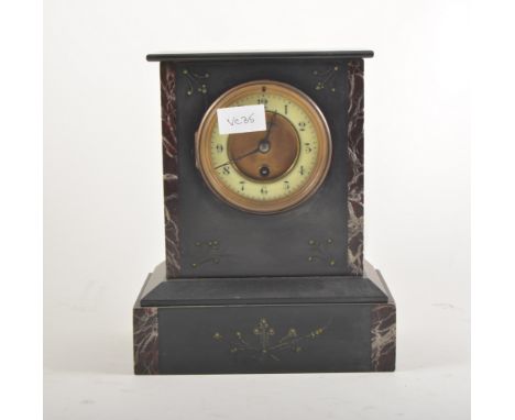 Victorian black and coloured marble mantel clock, ivorine chapter ring, cylinder movement, 27cm.