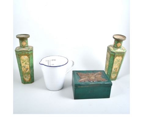 Pair of Huntley & Palmers biscuit tins, in the form of Chinese vases, 26cm high; a white enamel 2pt jug, and a tureen box (4)