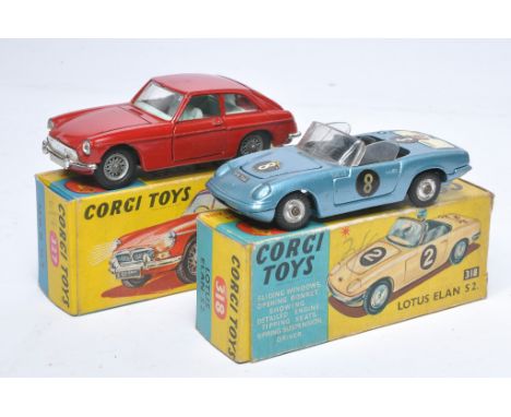 Corgi vintage diecast duo comprising No. 327 MGB GT, generally good but with some notable signs of wear in good original box 