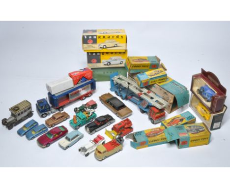 An assortment of various playworn vintage diecast including Corgi, Matchbox etc plus some empty boxes. Fair only, boxes poor 
