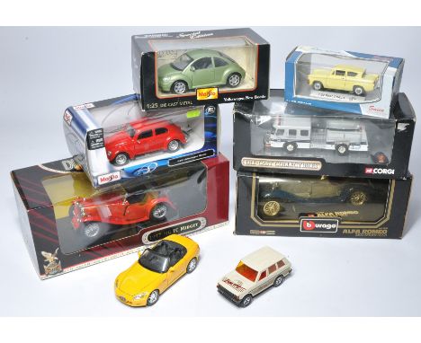 A group of six boxed diecast model vehicles in various scales from Burago, Corgi and others as shown. 