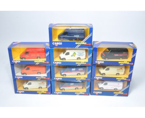A group of ten diecast model vehicles from Corgi comprising 1980/90's issue Ford Transit Vans in various promotional liveries