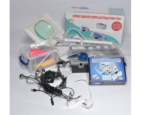 A quantity of modelling tools and accessories including Badger Air Brush plus various lighting aids and items and more as sho