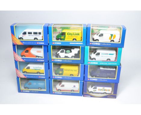 A group of twelve diecast model vehicles from Corgi comprising modern issue Ford Transit Vans in various promotional liveries