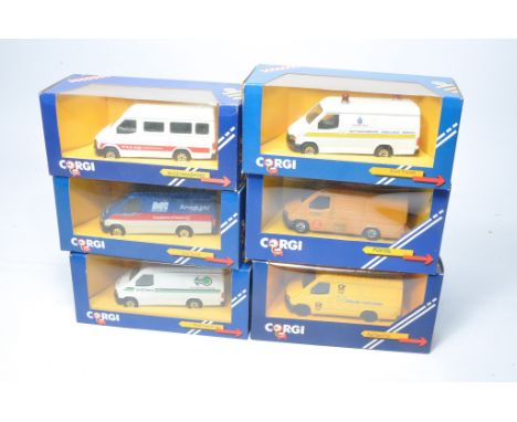 A group of six diecast model vehicles from Corgi comprising 1980/90's issue Ford Transit Vans in various liveries as shown. E