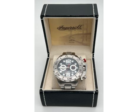 A boxed limited edition Bison No. 34 men's automatic chronograph wristwatch by Ingersoll. Stainless steel case with rotating 