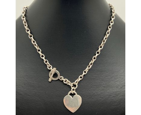 A 925 silver chunky belcher chain necklace with T bar clasp and heart shaped tag pendant. Chain approx. 16" (18" including pe