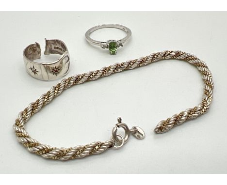 3 items of silver jewellery, 2 for scrap or repair. A 7 inch rope and box chain bracelet (fixing needs re attaching), a buckl