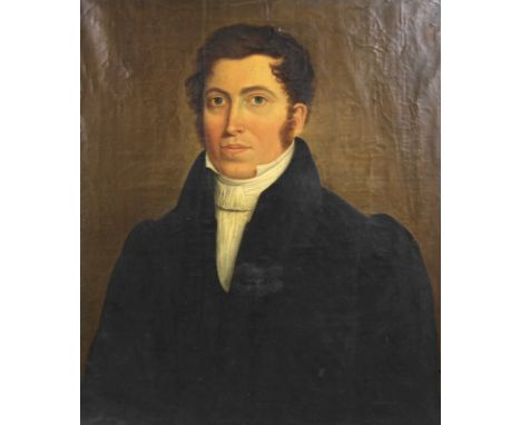 A portrait of a gentleman in white Regency stock, wing collar and dark jacket, with Byronesque coiffure, circa 1830, oil on c